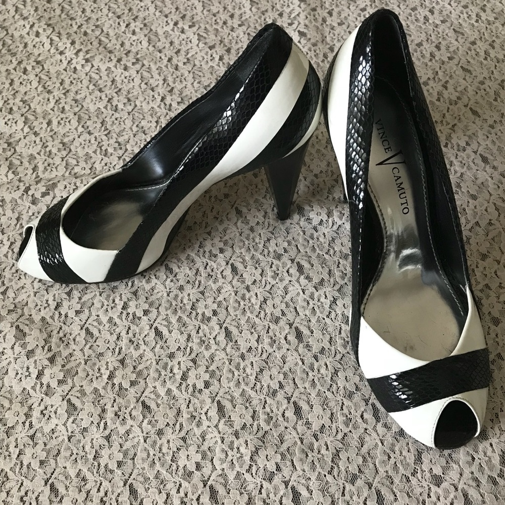Vince Camuto Black and White Striped Heels